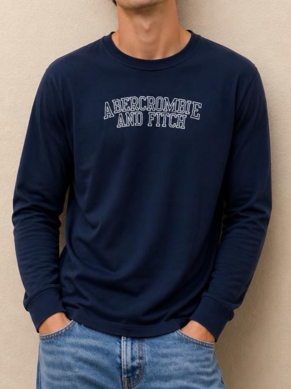 Abercrombie & Fitch Men's Long-Sleeve Logo Tee - Navy Blue Sz XL